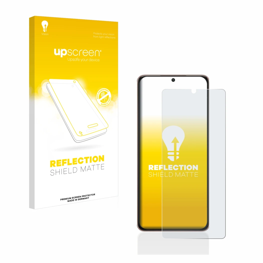 Vorderseite einer Produktverpackung mit dem Markenlogo upscreen. Daneben ist das Gerät Samsung Galaxy S21 Ultra 5G mit dem zug