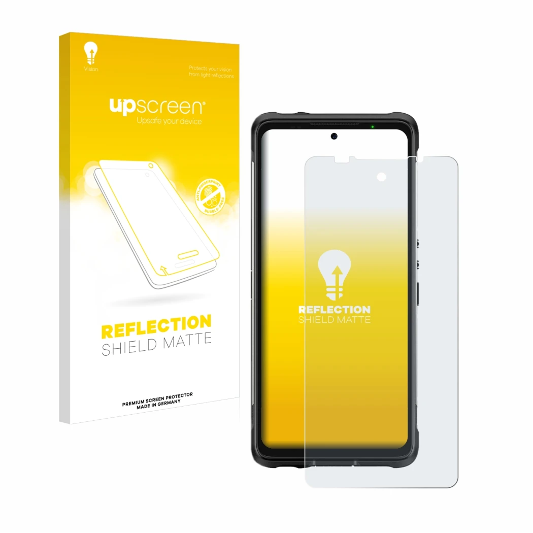 Vorderseite einer Produktverpackung mit dem Markenlogo upscreen. Daneben ist das Gerät Ulefone Armor 10 5G mit dem zugehörigen