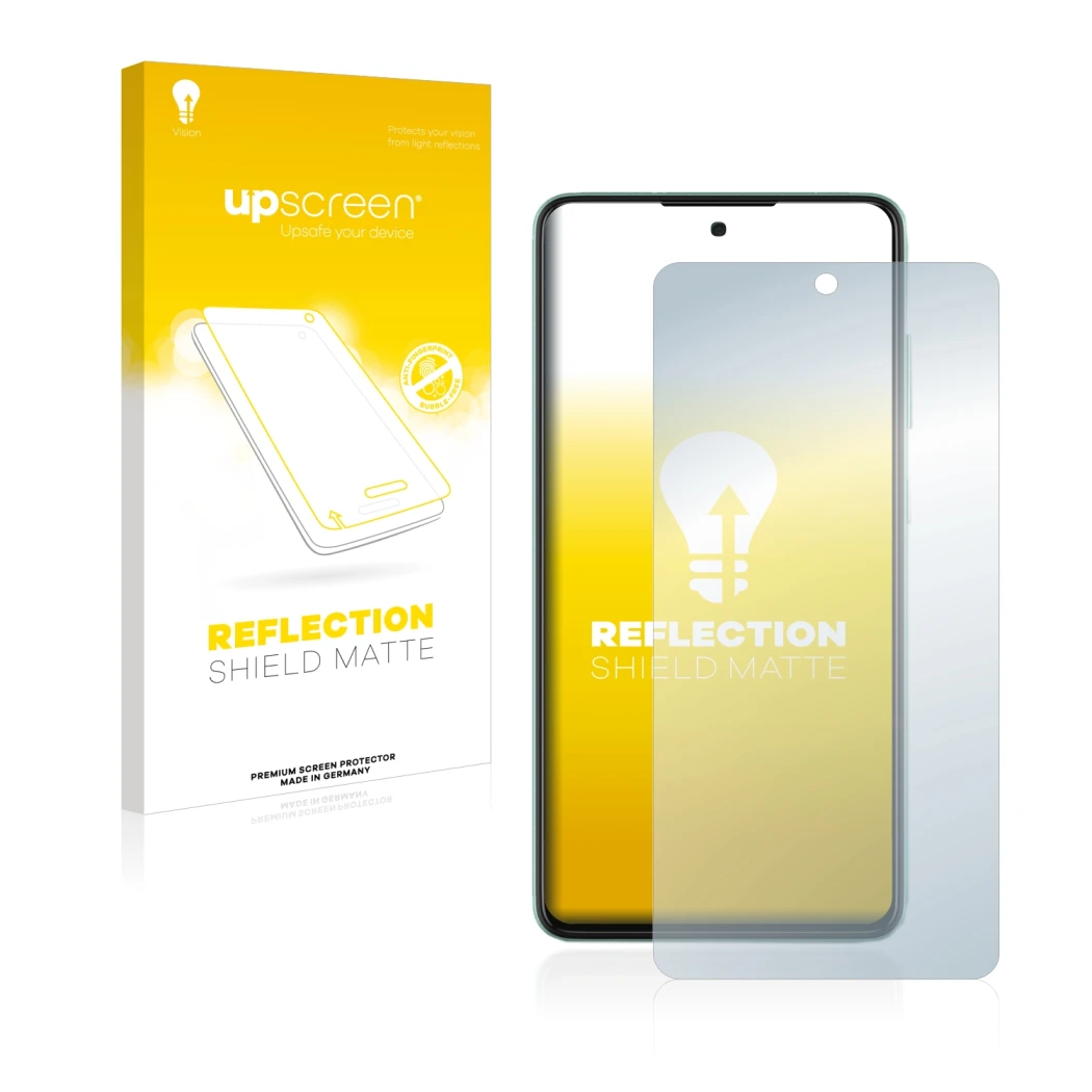 Vorderseite einer Produktverpackung mit dem Markenlogo upscreen. Daneben ist das Gerät Samsung Galaxy A52 mit dem zugehörigen 