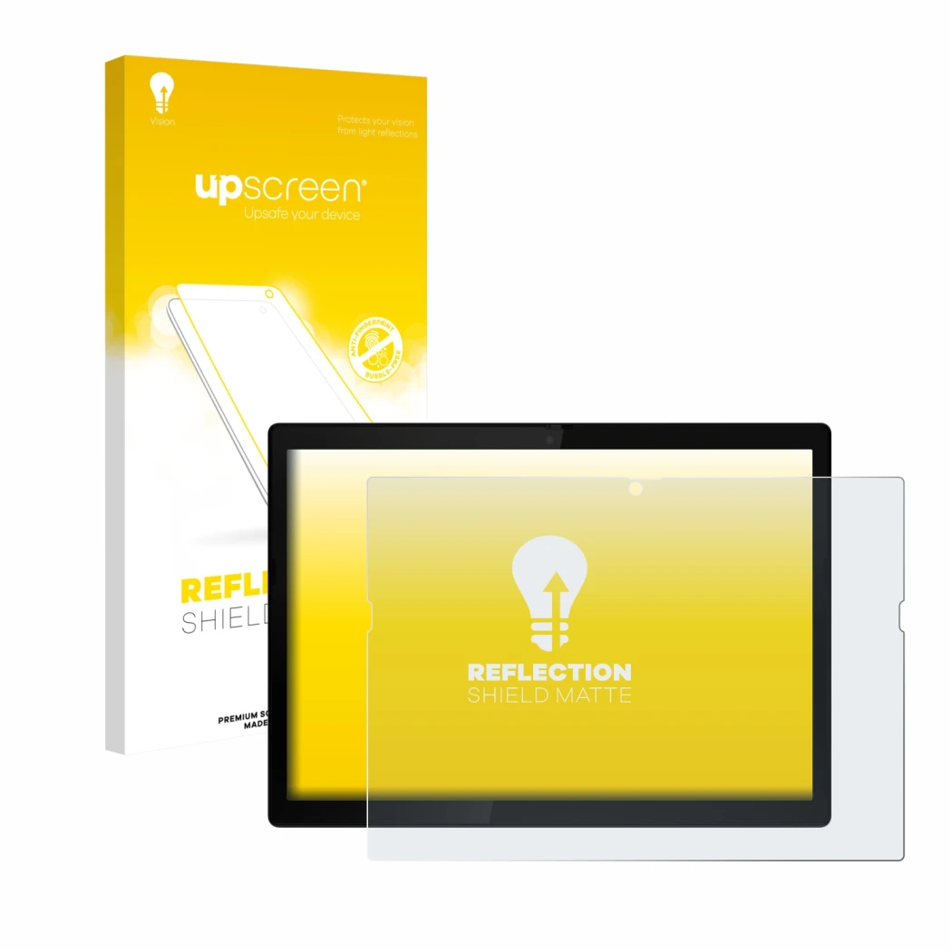 Vorderseite einer Produktverpackung mit dem Markenlogo upscreen. Daneben ist das Gerät Lenovo ThinkPad X12 Gen 1 mit dem zugeh