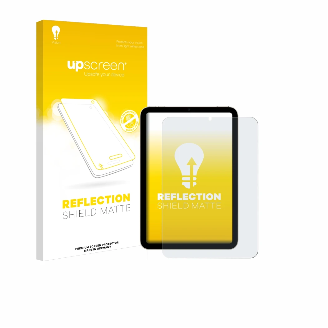 Vorderseite einer Produktverpackung mit dem Markenlogo upscreen. Daneben ist das Gerät Apple iPad Mini 6 WiFi 2021 mit dem zug