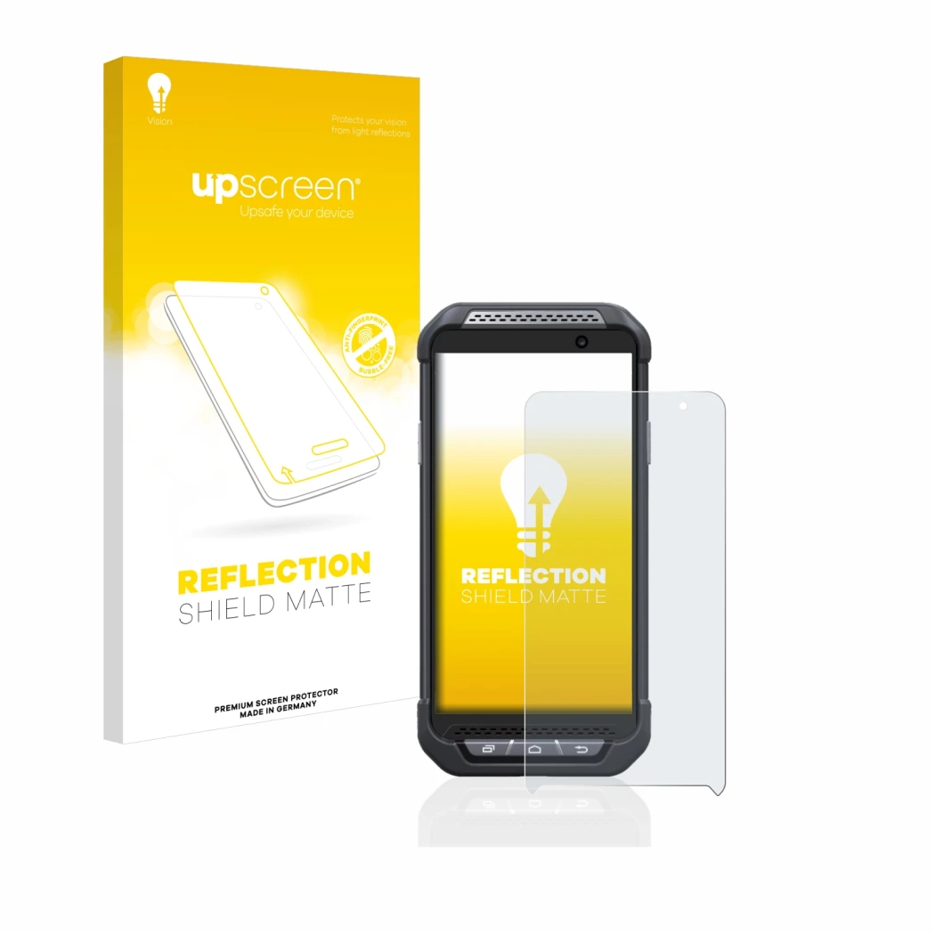 Vorderseite einer Produktverpackung mit dem Markenlogo upscreen. Daneben ist das Gerät Point Mobile PM85 mit dem zugehörigen D