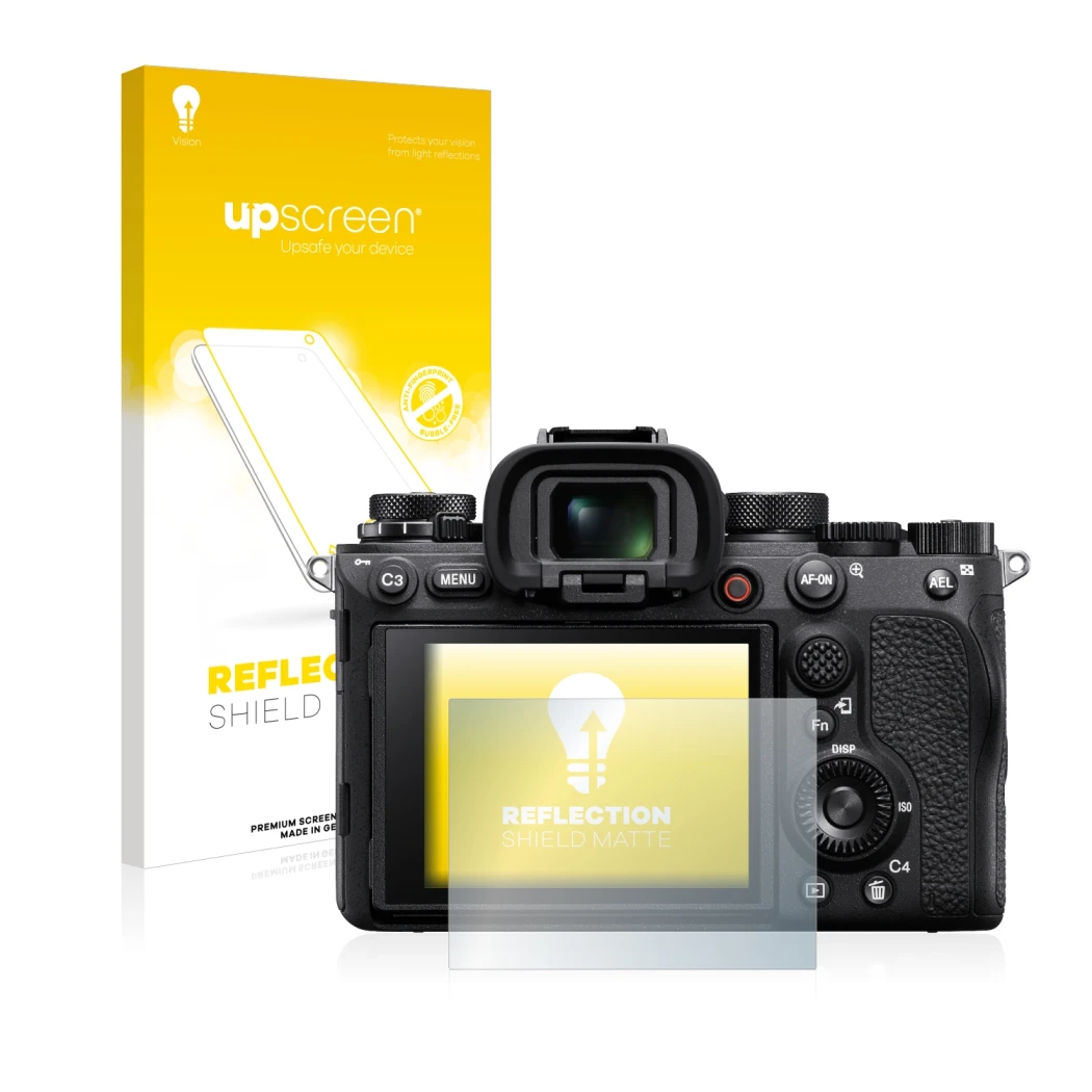 Vorderseite einer Produktverpackung mit dem Markenlogo upscreen. Daneben ist das Gerät Sony Alpha 1 mit dem zugehörigen Displa