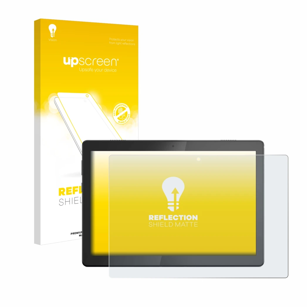 Vorderseite einer Produktverpackung mit dem Markenlogo upscreen. Daneben ist das Gerät Lenovo Tab M10 TB-X505F mit dem zugehör