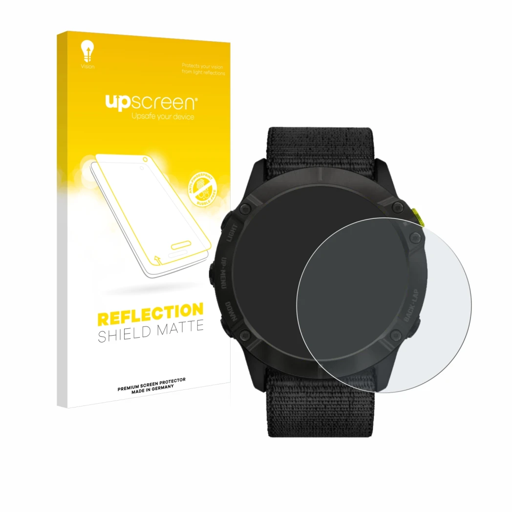 Vorderseite einer Produktverpackung mit dem Markenlogo upscreen. Daneben ist das Gerät Garmin Enduro mit dem zugehörigen Displ