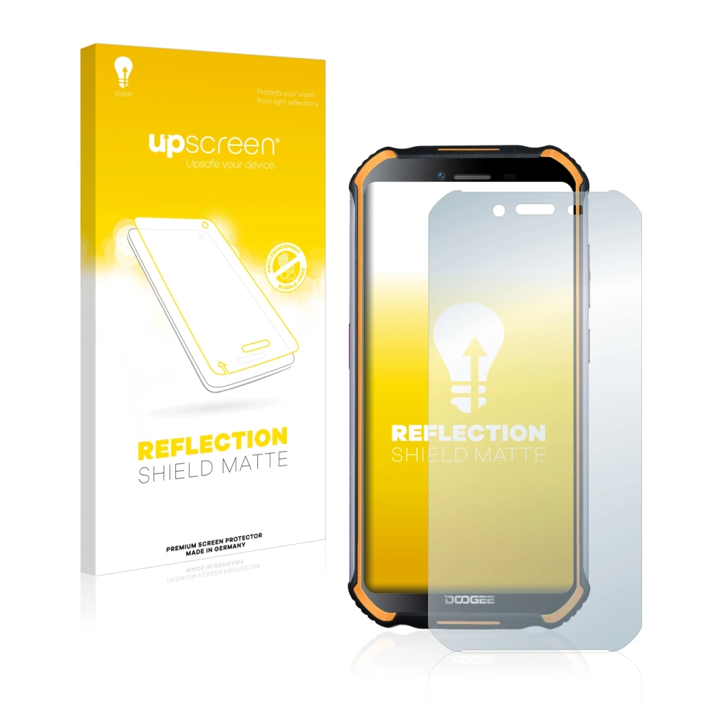 Vorderseite einer Produktverpackung mit dem Markenlogo upscreen. Daneben ist das Gerät Doogee S40 Pro mit dem zugehörigen Disp