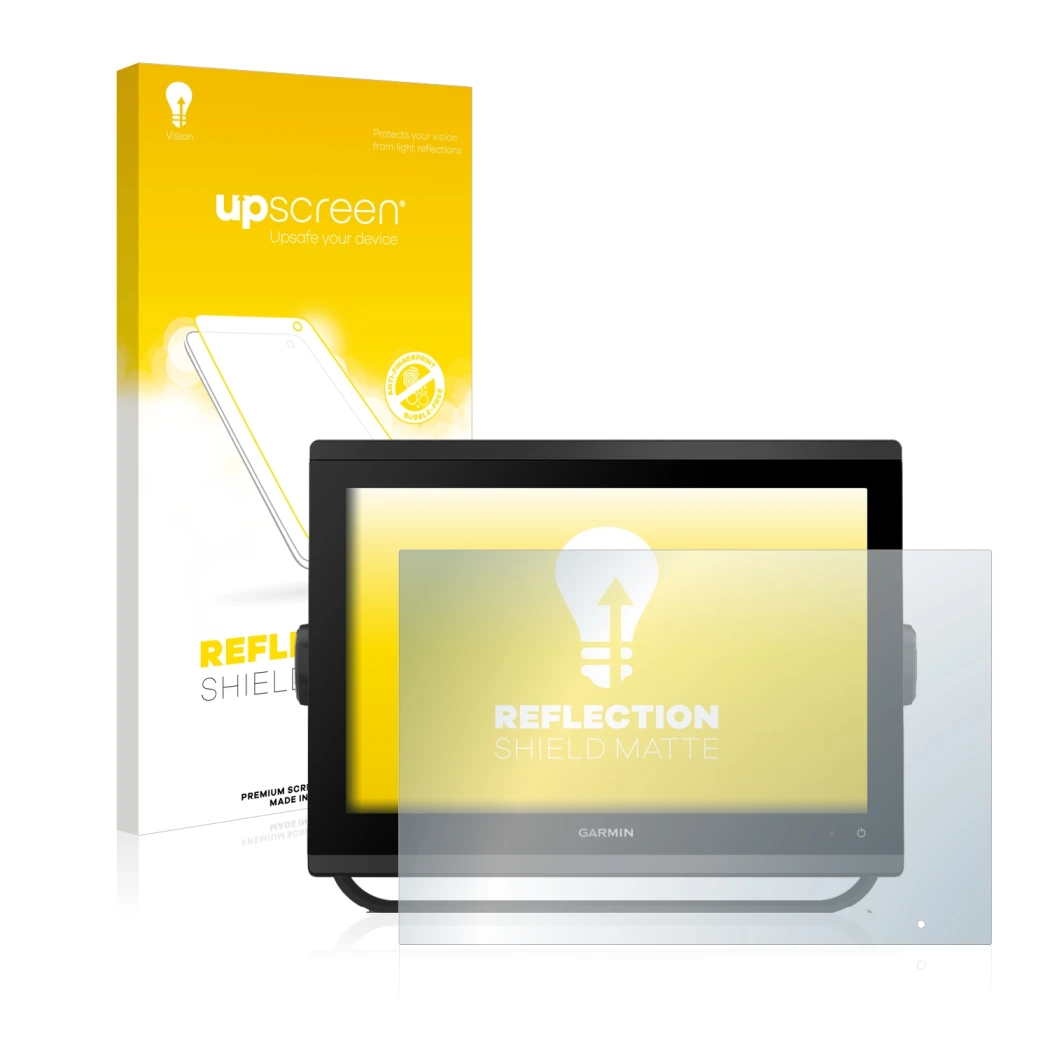 Vorderseite einer Produktverpackung mit dem Markenlogo upscreen. Daneben ist das Gerät Garmin GPSMAP 1223 mit dem zugehörigen