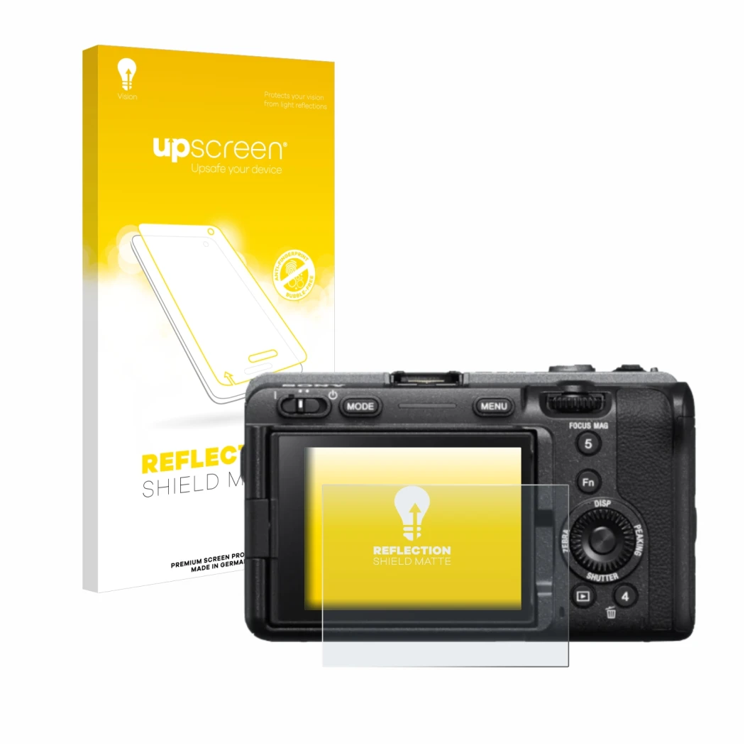 Vorderseite einer Produktverpackung mit dem Markenlogo upscreen. Daneben ist das Gerät Sony FX3 mit dem zugehörigen Displaysch