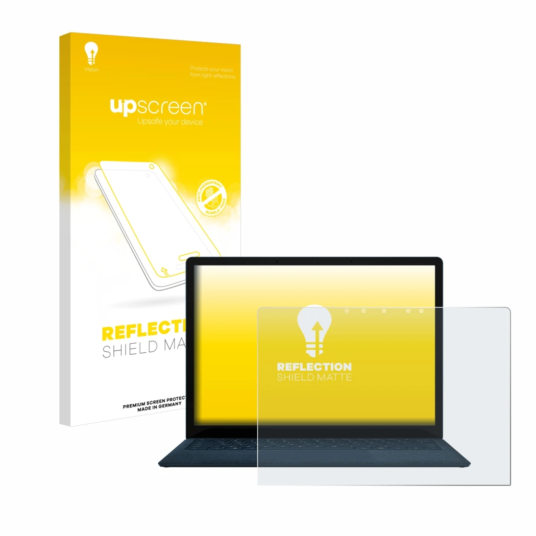 Vorderseite einer Produktverpackung mit dem Markenlogo upscreen. Daneben ist das Gerät Microsoft Surface Laptop 4 13.5