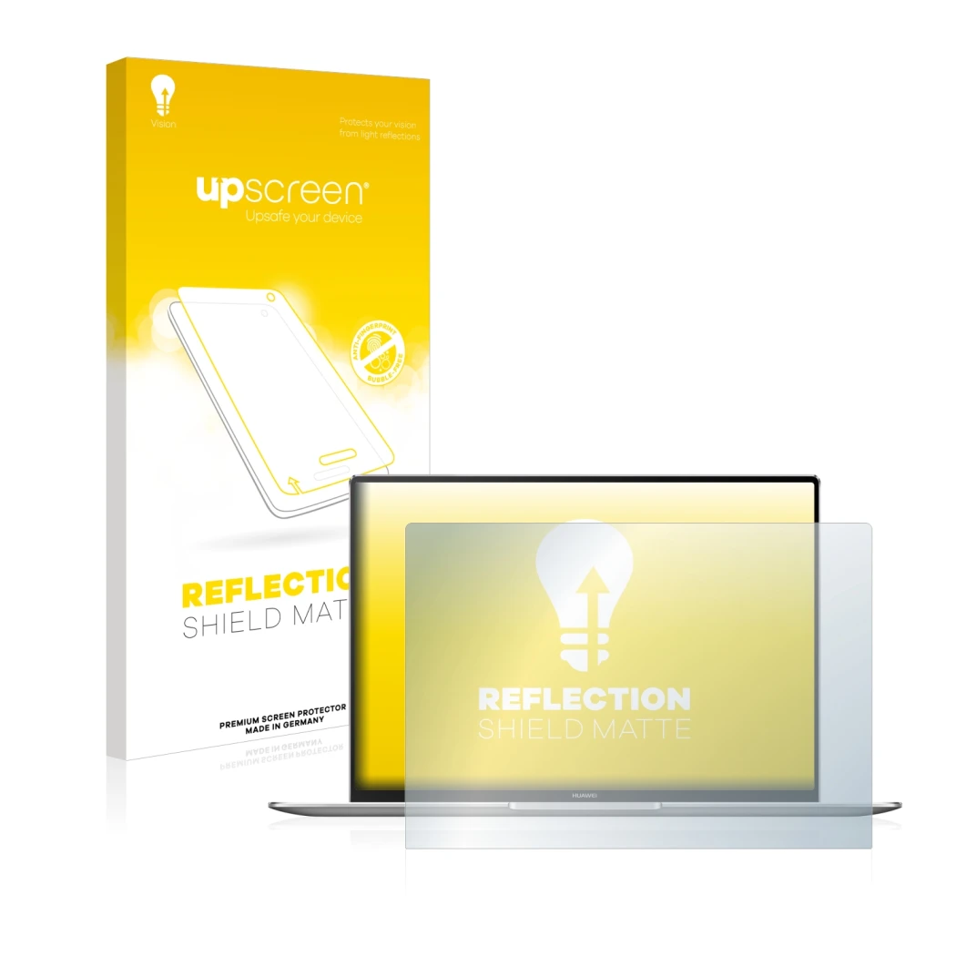 Vorderseite einer Produktverpackung mit dem Markenlogo upscreen. Daneben ist das Gerät Huawei MateBook X Pro 2021 mit dem zuge