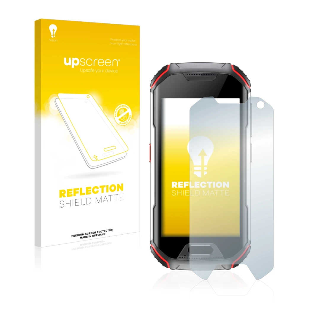 Vorderseite einer Produktverpackung mit dem Markenlogo upscreen. Daneben ist das Gerät Unihertz Atom XL mit dem zugehörigen Di
