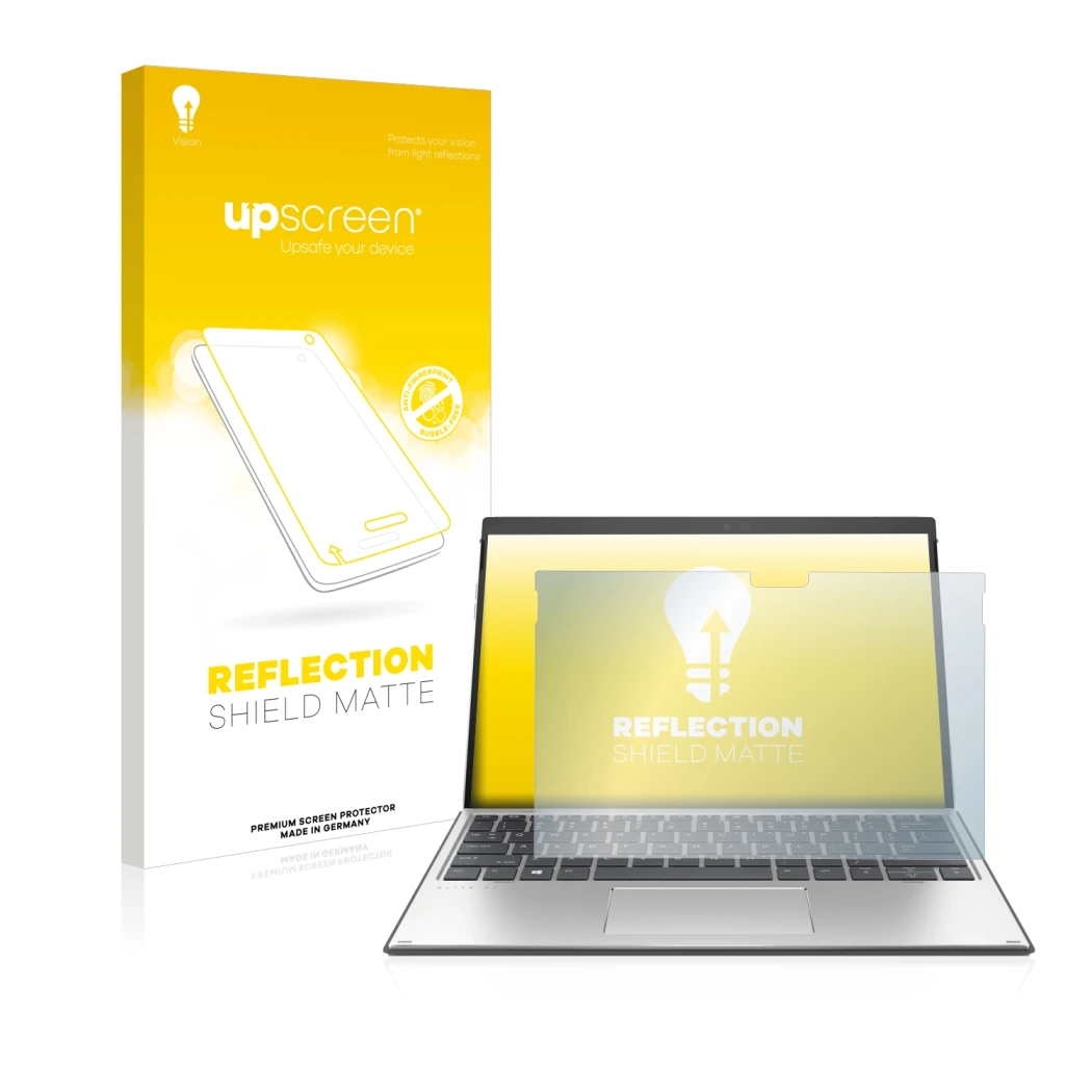 Vorderseite einer Produktverpackung mit dem Markenlogo upscreen. Daneben ist das Gerät HP Elite x2 G8 mit dem zugehörigen Disp