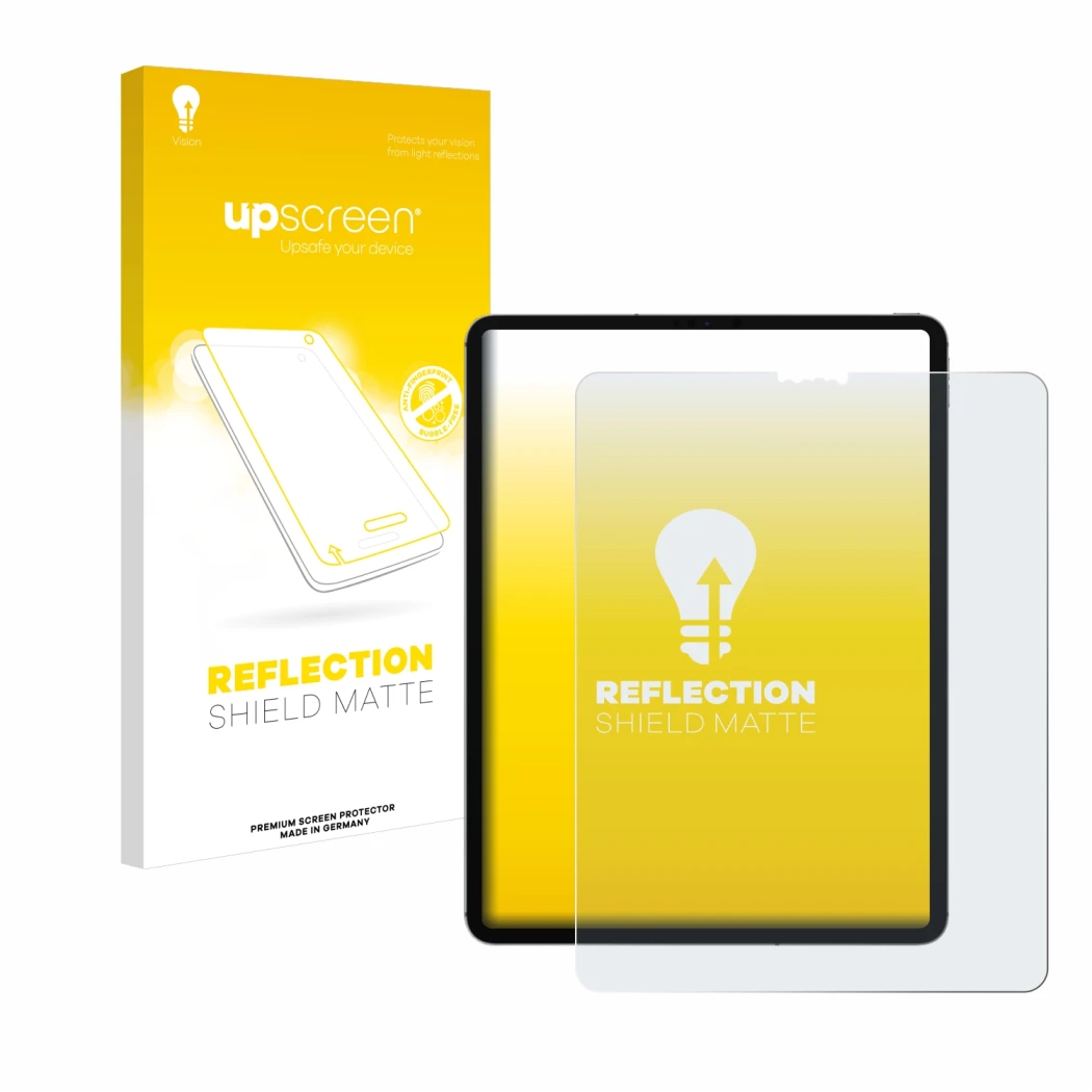 Vorderseite einer Produktverpackung mit dem Markenlogo upscreen. Daneben ist das Gerät Apple iPad Pro 12.9