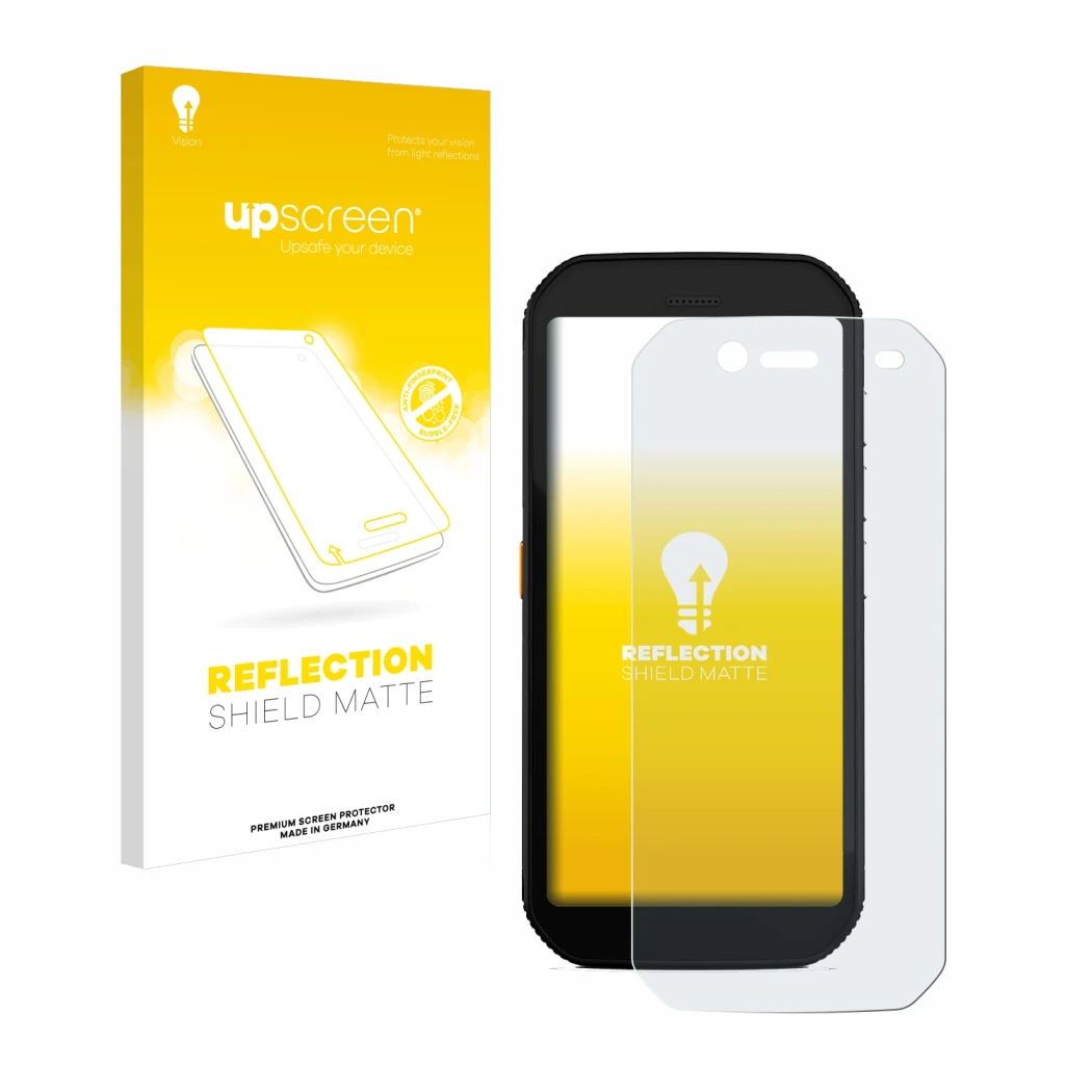 Vorderseite einer Produktverpackung mit dem Markenlogo upscreen. Daneben ist das Gerät Caterpillar Cat S42 H+ mit dem zugehöri