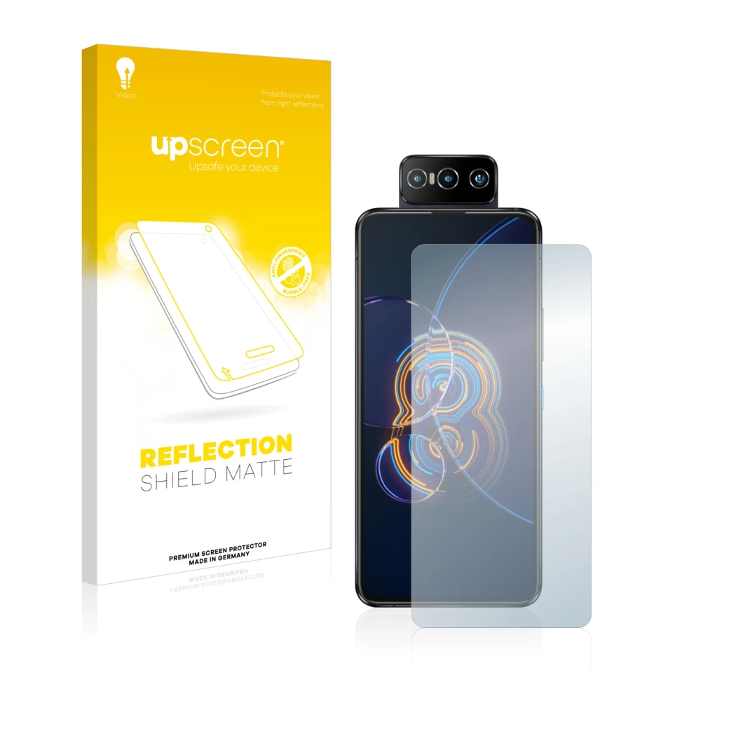 Vorderseite einer Produktverpackung mit dem Markenlogo upscreen. Daneben ist das Gerät ASUS ZenFone 8 Flip mit dem zugehörigen