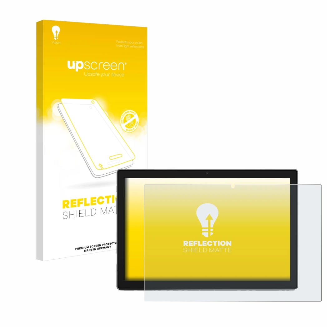 Vorderseite einer Produktverpackung mit dem Markenlogo upscreen. Daneben ist das Gerät Blackview Tab 9 mit dem zugehörigen Dis