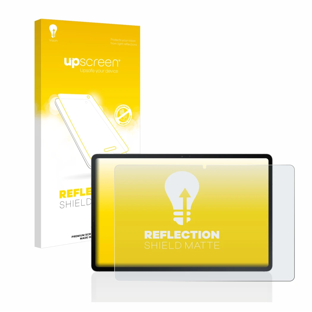 Vorderseite einer Produktverpackung mit dem Markenlogo upscreen. Daneben ist das Gerät Samsung Galaxy Tab S7 FE (im Querformat