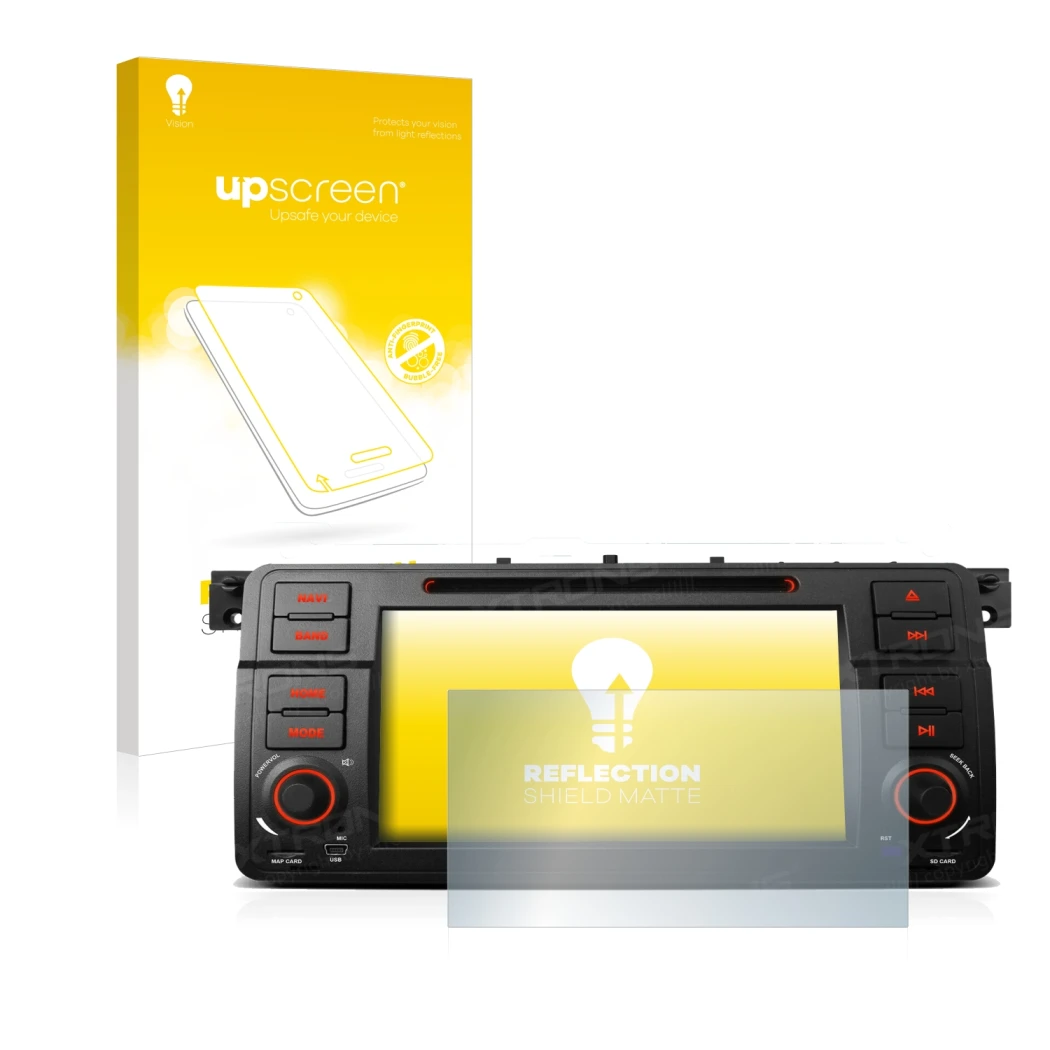 Vorderseite einer Produktverpackung mit dem Markenlogo upscreen. Daneben ist das Gerät Xtrons PQ7046B mit dem zugehörigen Disp