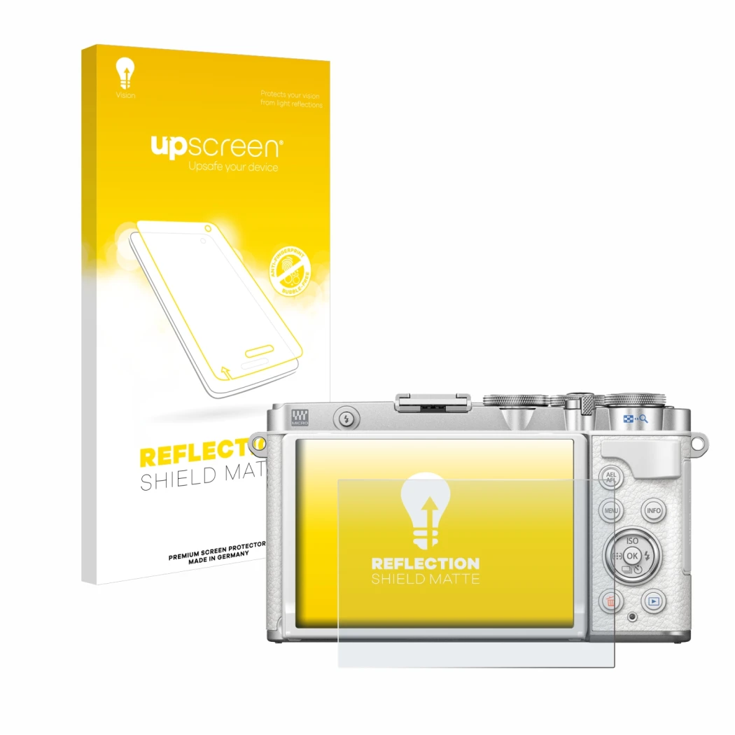 Vorderseite einer Produktverpackung mit dem Markenlogo upscreen. Daneben ist das Gerät Olympus PEN E-P7 mit dem zugehörigen Di