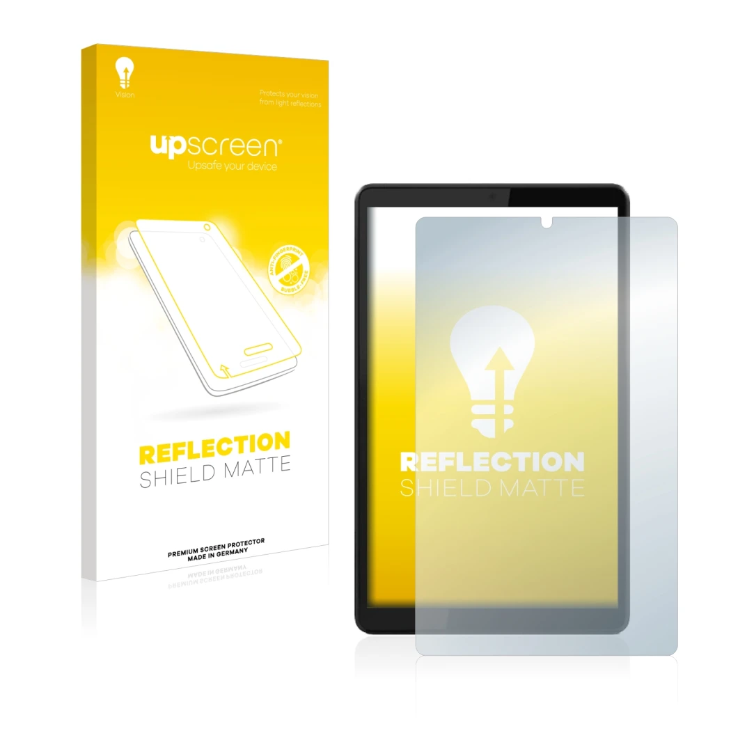 Vorderseite einer Produktverpackung mit dem Markenlogo upscreen. Daneben ist das Gerät Lenovo Tab M8 (3. Gen.) mit dem zugehör