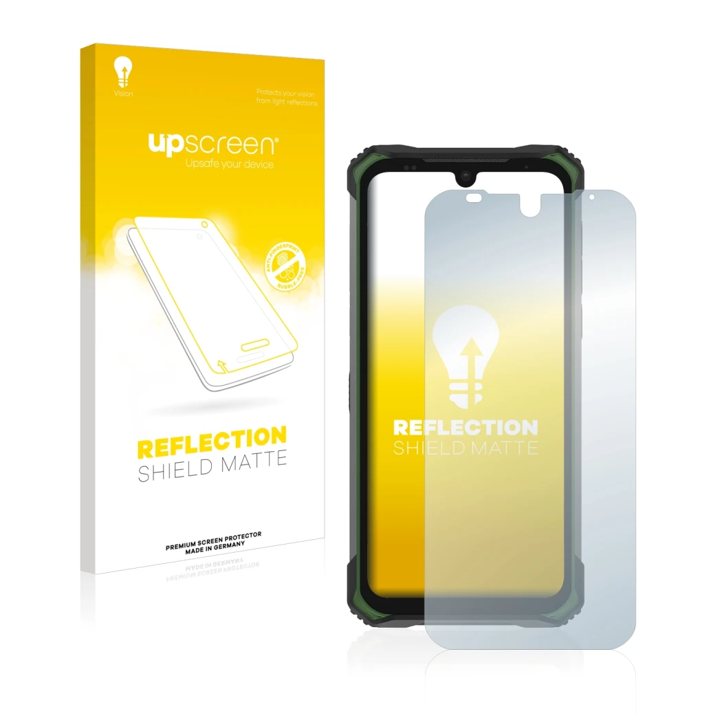 Vorderseite einer Produktverpackung mit dem Markenlogo upscreen. Daneben ist das Gerät Doogee S86 Pro mit dem zugehörigen Disp