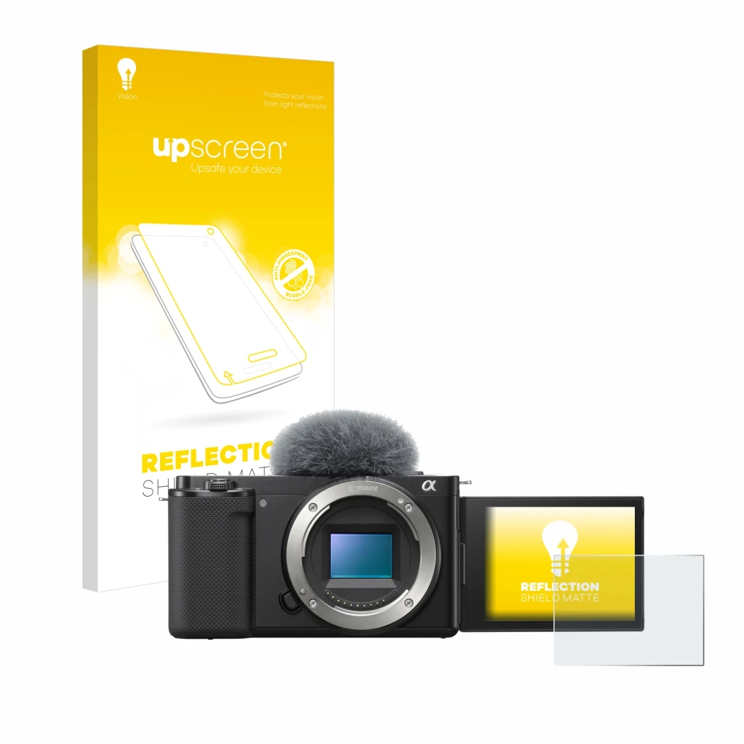 Vorderseite einer Produktverpackung mit dem Markenlogo upscreen. Daneben ist das Gerät Sony Alpha ZV-E10 mit dem zugehörigen D