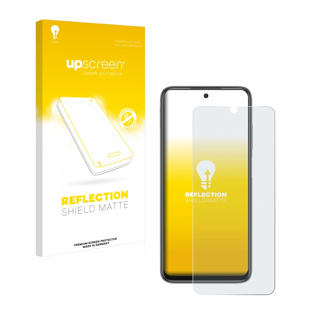 Vorderseite einer Produktverpackung mit dem Markenlogo upscreen. Daneben ist das Gerät Xiaomi Redmi 10 mit dem zugehörigen Dis