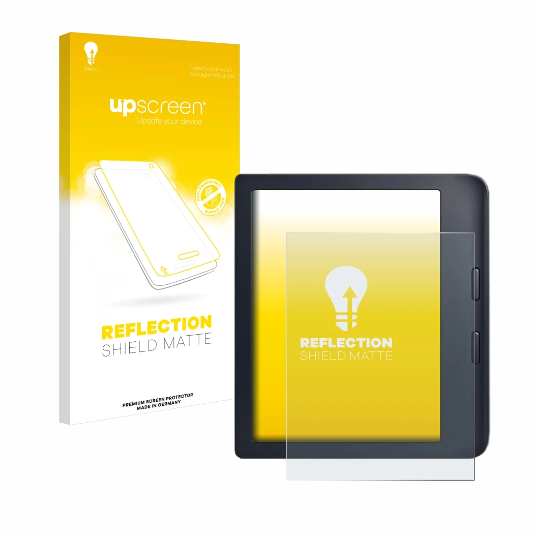Vorderseite einer Produktverpackung mit dem Markenlogo upscreen. Daneben ist das Gerät Kobo Libra 2 mit dem zugehörigen Displa