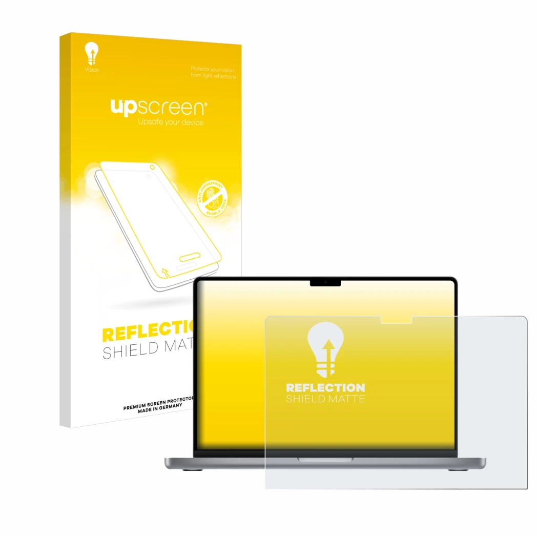 Vorderseite einer Produktverpackung mit dem Markenlogo upscreen. Daneben ist das Gerät Apple MacBook Pro 14