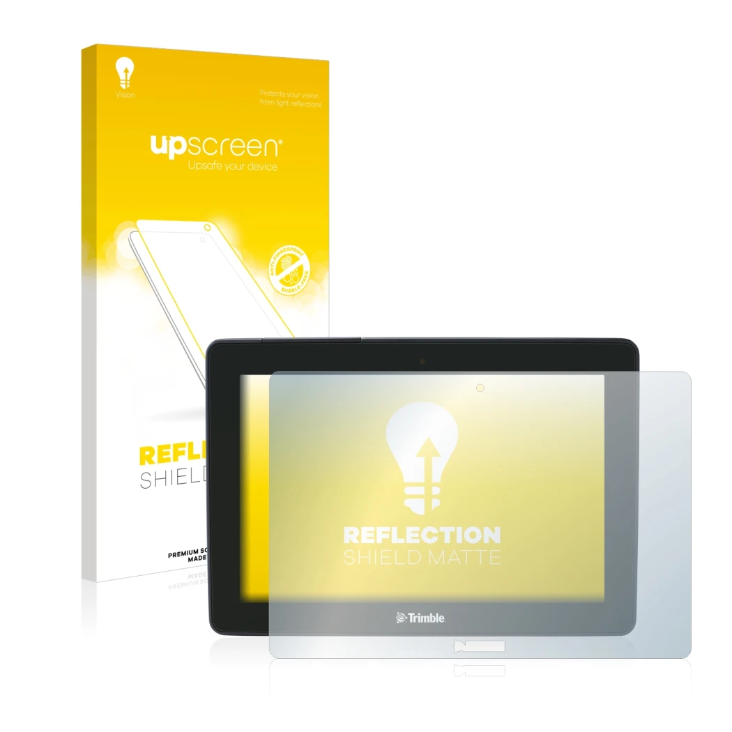 Vorderseite einer Produktverpackung mit dem Markenlogo upscreen. Daneben ist das Gerät Trimble GFX-750 mit dem zugehörigen Dis