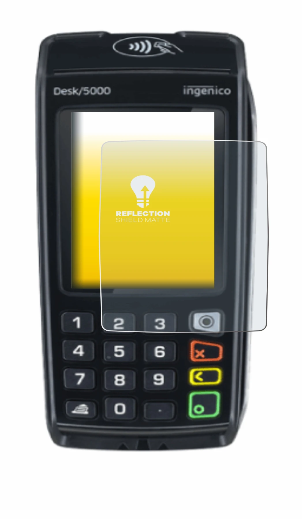 Abbildung des Geräts ingenico Desk/5000 mit einer Vielzahl des Displayschutzes.