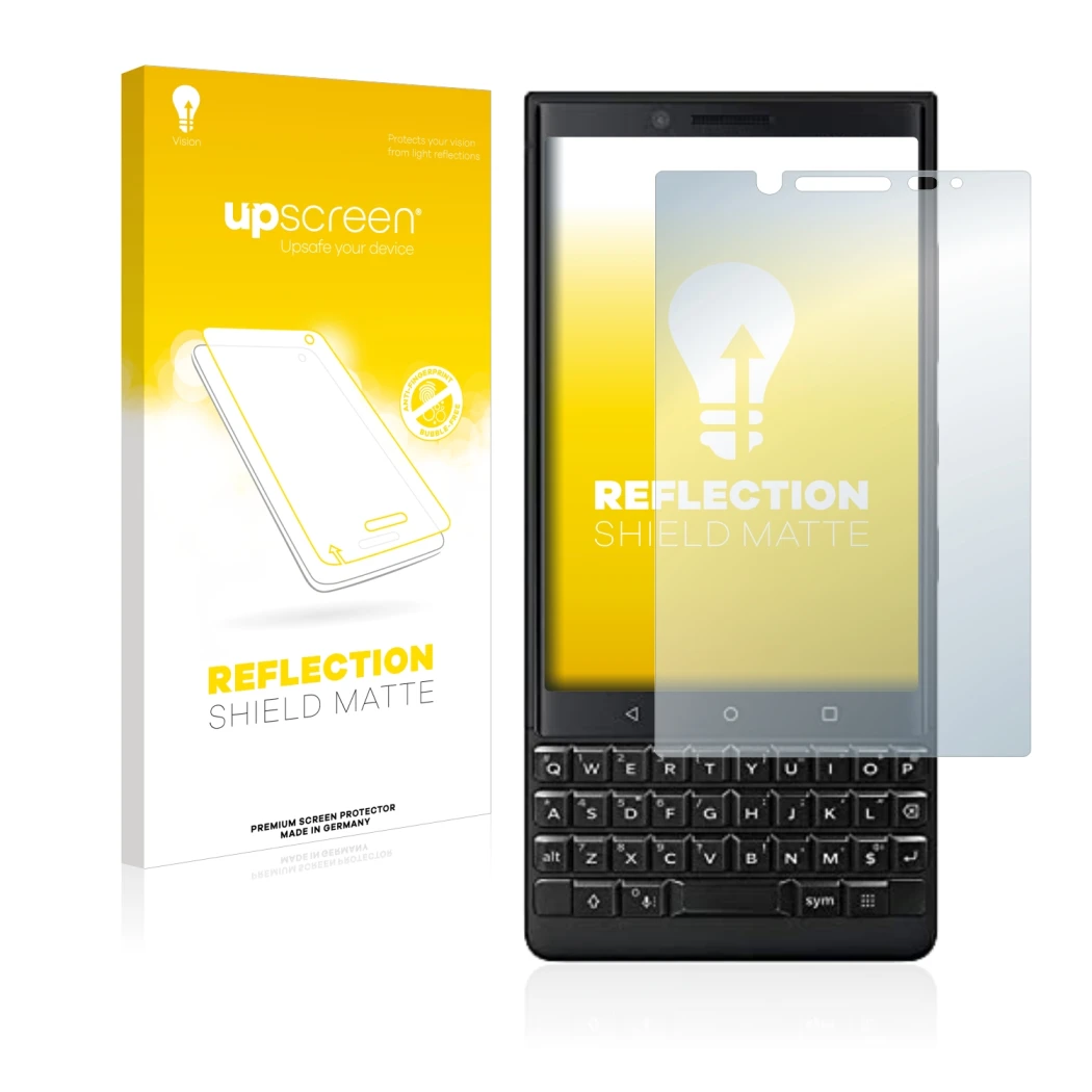 Vorderseite einer Produktverpackung mit dem Markenlogo upscreen. Daneben ist das Gerät BlackBerry Key2 (Dual Sim) mit dem zuge