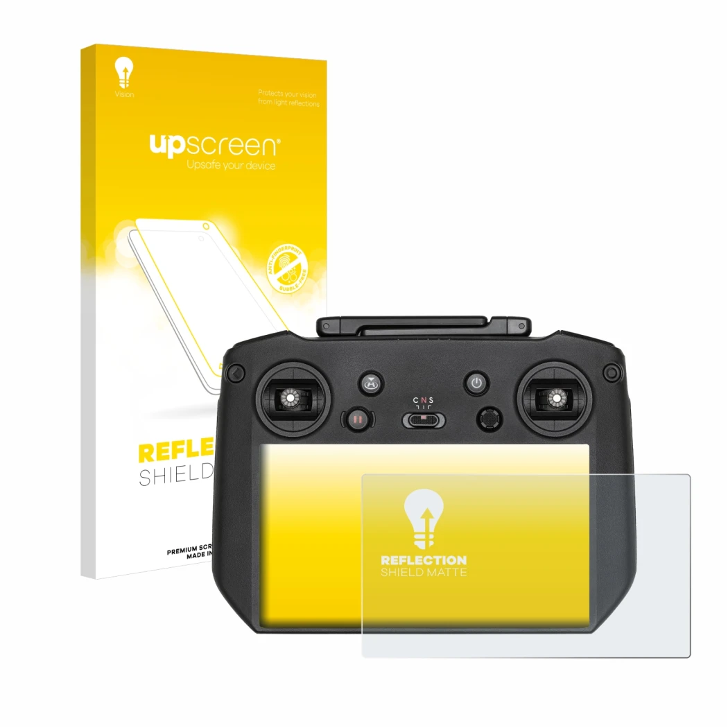 Vorderseite einer Produktverpackung mit dem Markenlogo upscreen. Daneben ist das Gerät DJI RC Pro mit dem zugehörigen Displays