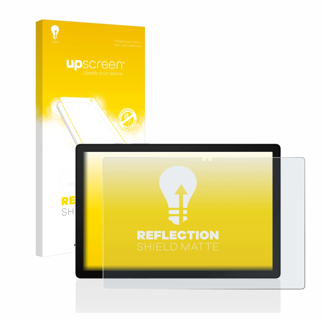 Vorderseite einer Produktverpackung mit dem Markenlogo upscreen. Daneben ist das Gerät Samsung Galaxy Tab A8 WiFi mit dem zuge