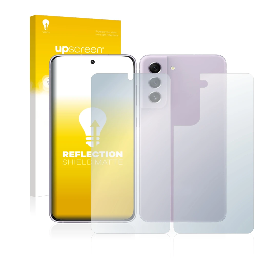 Vorderseite einer Produktverpackung mit dem Markenlogo upscreen. Daneben ist das Gerät Samsung Galaxy S21 FE 5G (Display+Rücks