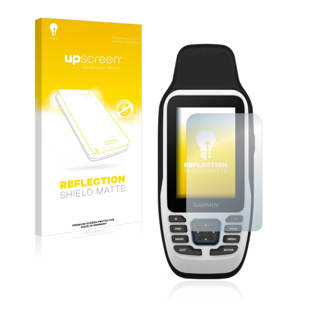 Vorderseite einer Produktverpackung mit dem Markenlogo upscreen. Daneben ist das Gerät Garmin GPSMAP 79s mit dem zugehörigen D