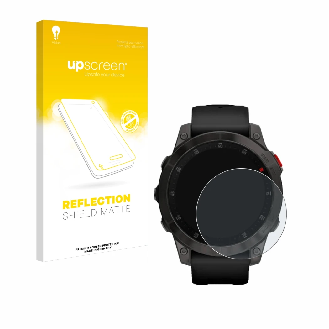 Vorderseite einer Produktverpackung mit dem Markenlogo upscreen. Daneben ist das Gerät Garmin epix (Gen. 2) mit dem zugehörige