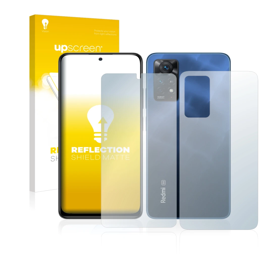 Vorderseite einer Produktverpackung mit dem Markenlogo upscreen. Daneben ist das Gerät Xiaomi Redmi Note 11 Pro 5G (Display+Rü