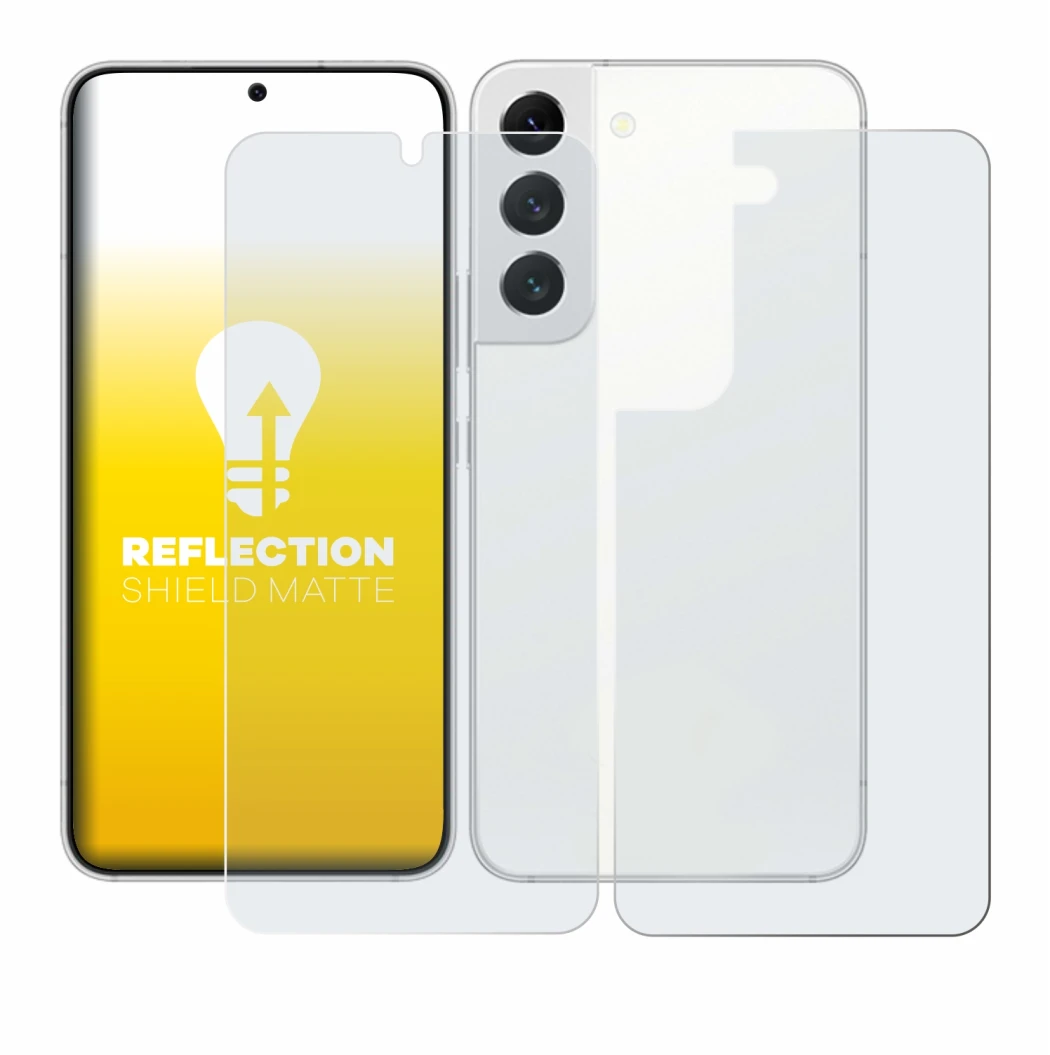 Abbildung des Geräts Samsung Galaxy S22 5G (Display+Rückseite) mit einer Vielzahl des Displayschutzes.