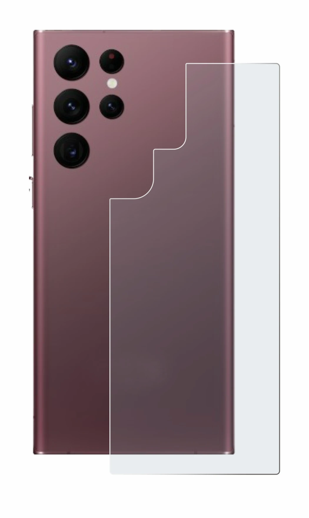 Abbildung des Geräts Samsung Galaxy S22 Ultra 5G (Rückseite) mit einer Vielzahl des Displayschutzes.