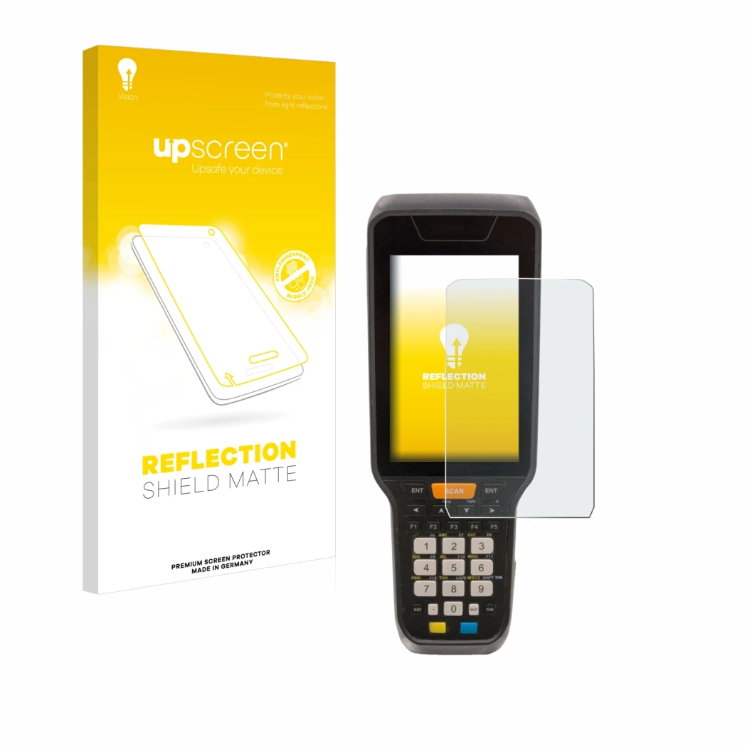 Vorderseite einer Produktverpackung mit dem Markenlogo upscreen. Daneben ist das Gerät Datalogic Skorpio X5 mit dem zugehörige