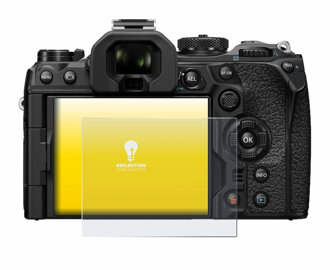 Abbildung des Geräts Olympus OM-1 2022 mit einer Vielzahl des Displayschutzes.