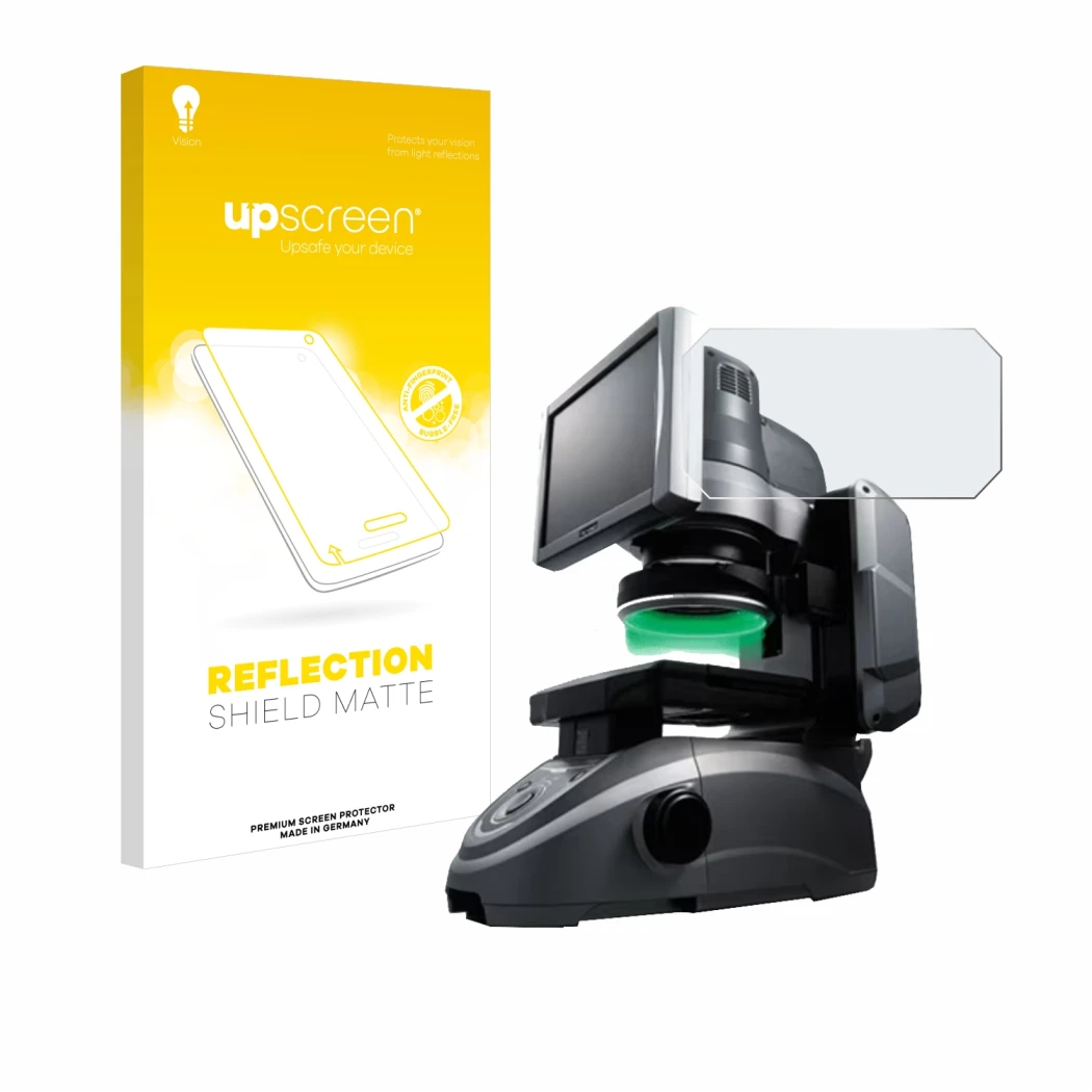 Vorderseite einer Produktverpackung mit dem Markenlogo upscreen. Daneben ist das Gerät Keyence IM-6125 Glasplatte mit dem zuge