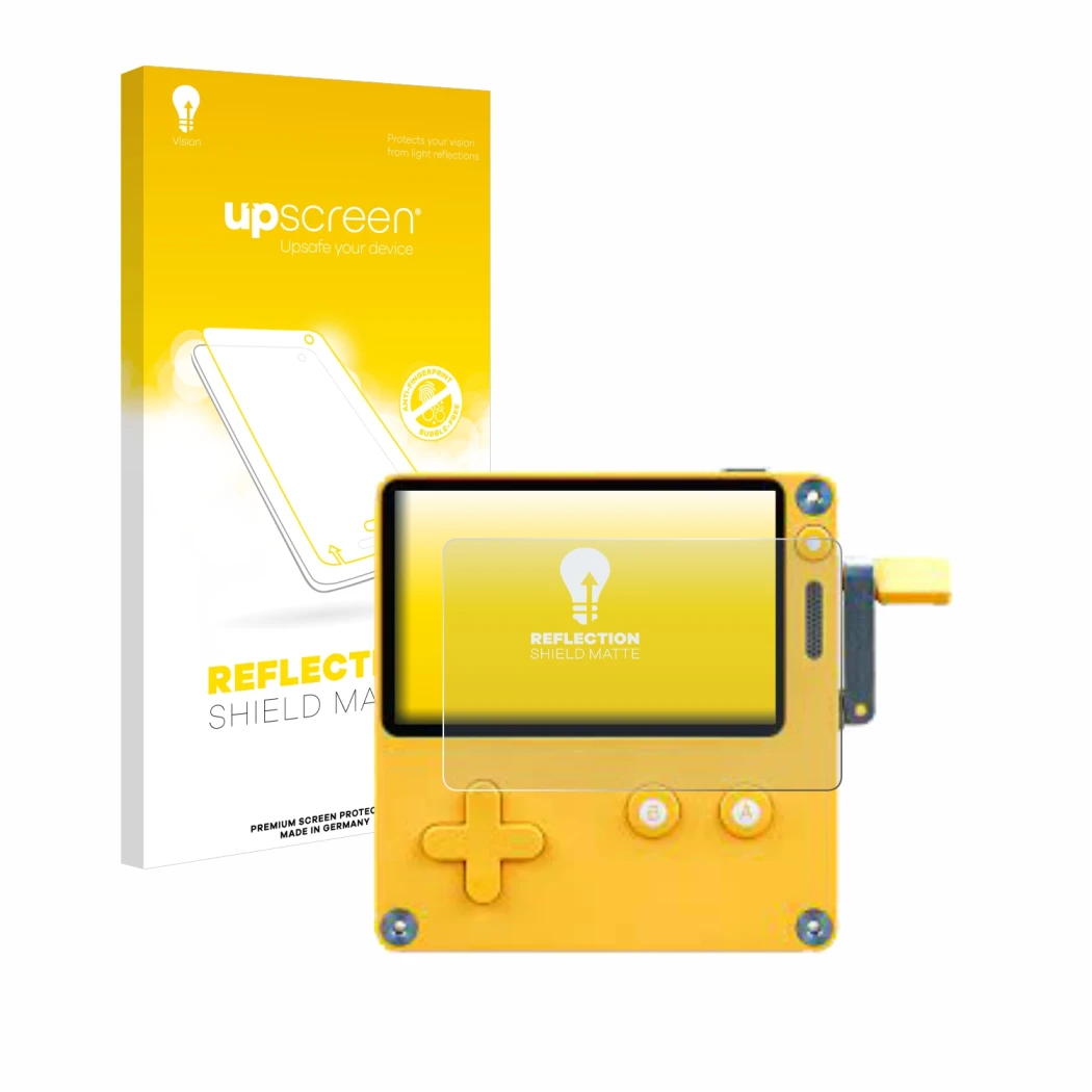 Vorderseite einer Produktverpackung mit dem Markenlogo upscreen. Daneben ist das Gerät Panic Playdate mit dem zugehörigen Disp