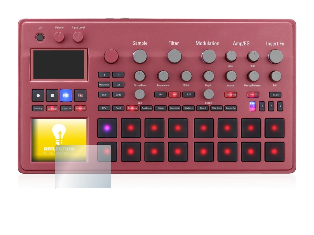 Abbildung des Geräts KORG electribe Sampler mit einer Vielzahl des Displayschutzes.