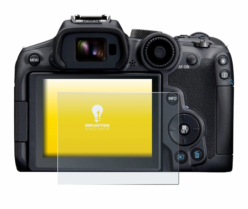 Abbildung des Geräts Canon EOS R7 mit einer Vielzahl des Displayschutzes.