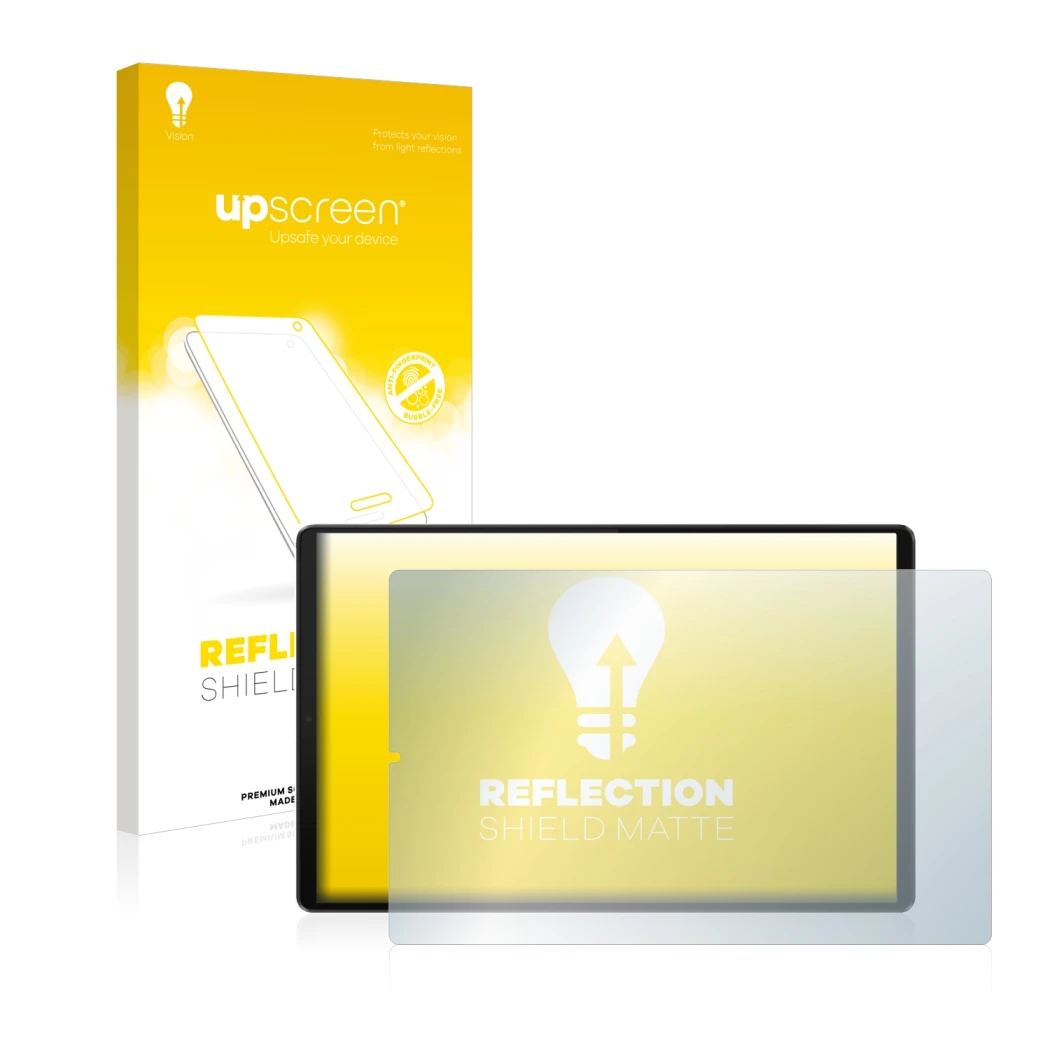 Vorderseite einer Produktverpackung mit dem Markenlogo upscreen. Daneben ist das Gerät Lenovo Tab M10 FHD Plus (2. Gen.) mit d