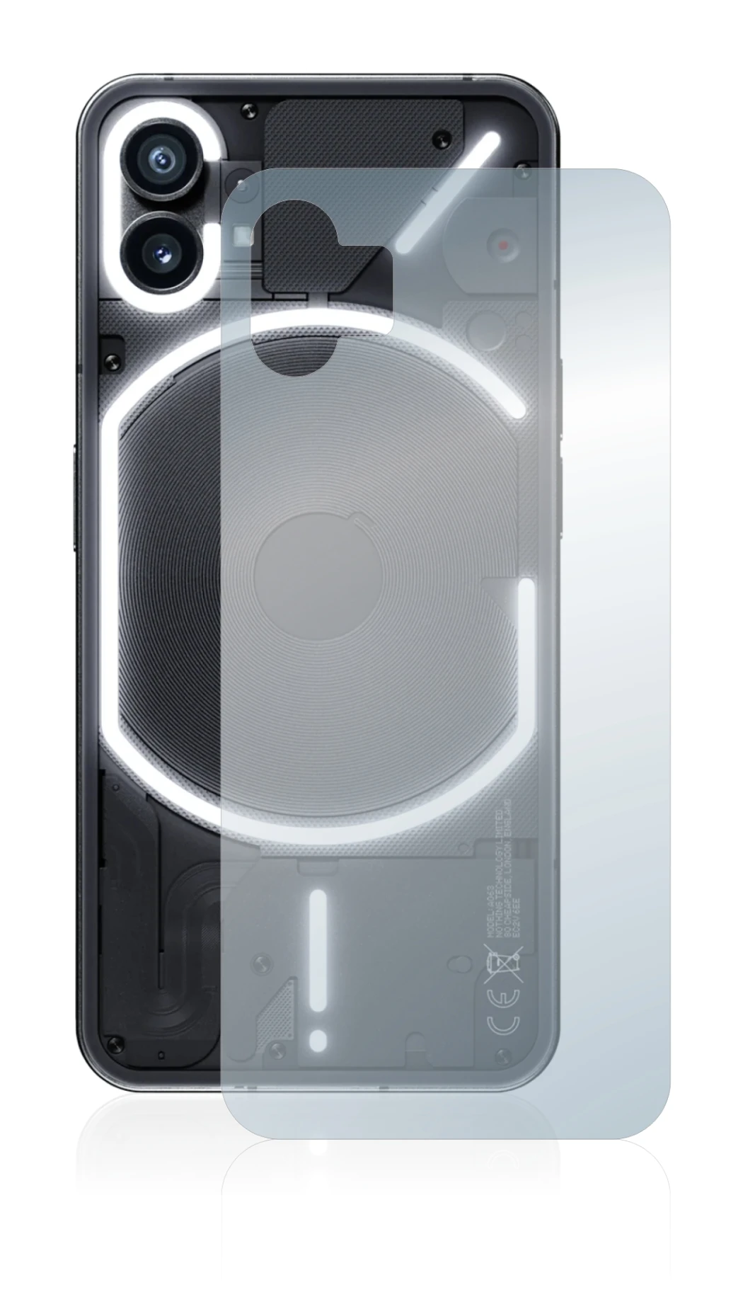 Abbildung des Geräts Nothing Phone (1) (Rückseite) mit einer Vielzahl des Displayschutzes.