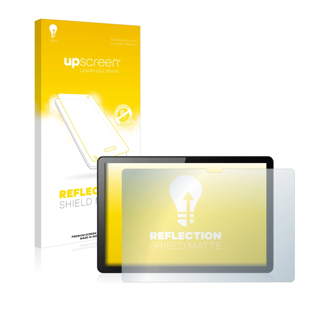 Vorderseite einer Produktverpackung mit dem Markenlogo upscreen. Daneben ist das Gerät Lenovo Tab M10 (3. Gen.) mit dem zugehö