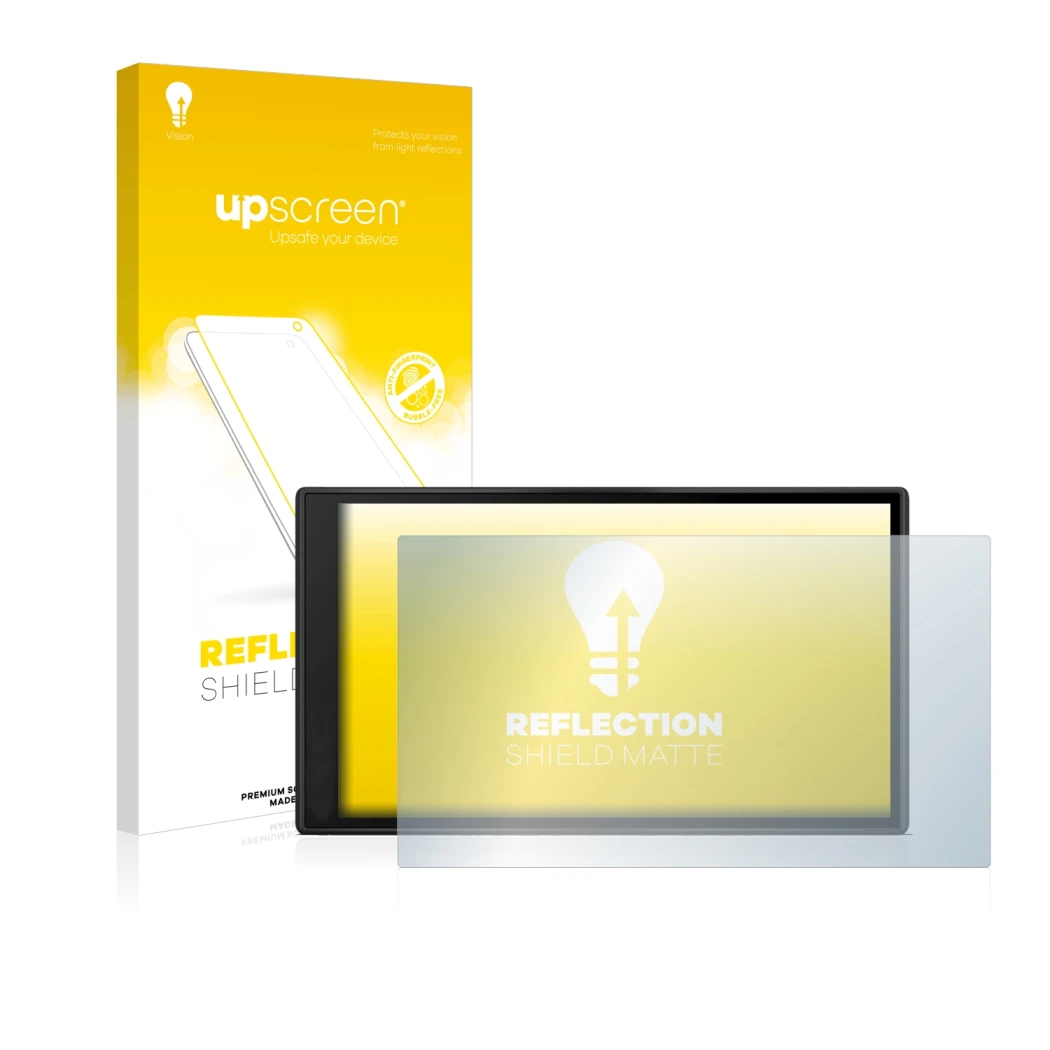 Vorderseite einer Produktverpackung mit dem Markenlogo upscreen. Daneben ist das Gerät Garmin DriveSmart 66 mit dem zugehörige